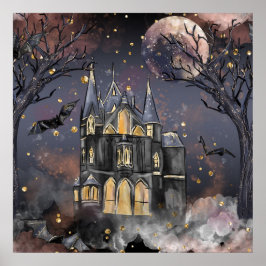 家幽霊のよく出る屋 |不気味満月の木とこうもり ポスター