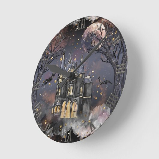 家幽霊のよく出る屋 |不気味満月の木とこうもり ラウンド壁時計 (傾斜)