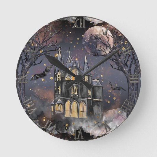 家幽霊のよく出る屋 |不気味満月の木とこうもり ラウンド壁時計 (正面)