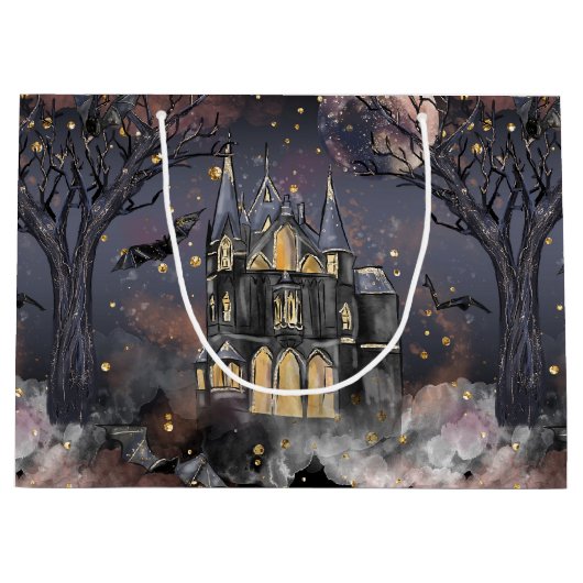 家幽霊のよく出る屋 |不気味満月の木とこうもり ラージペーパーバッグ (正面)