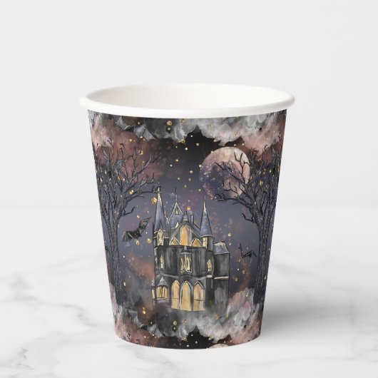 家幽霊のよく出る屋 |不気味満月の木とこうもり 紙コップ (正面)