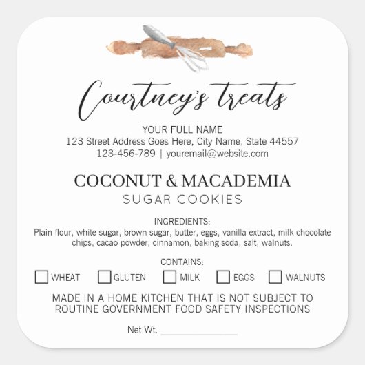 家庭で作られるキッチンの具材の水彩アート スクエアシール (正面)