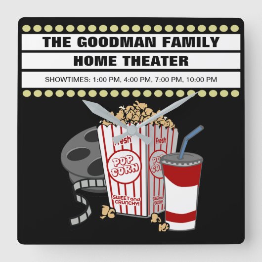家庭内パーソナライズされた映画館カスタム スクエア壁時計 (正面)