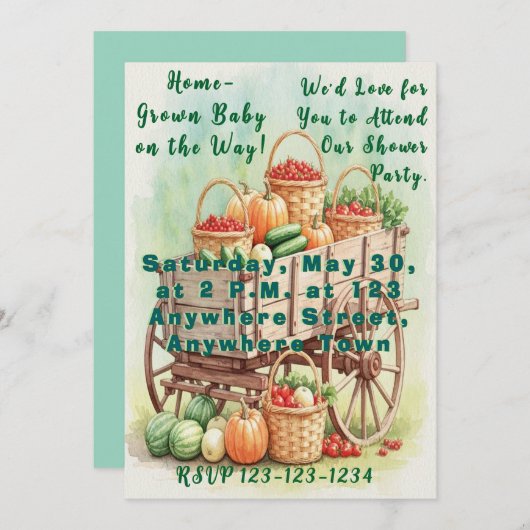 家庭用子供用シャワー招待状と農用ワゴン 招待状 (正面/裏面)