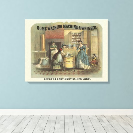 家庭用洗濯機と絞り器のヴィンテージ広告。 キャンバスプリント (インサイチュ (ウッドフロア))