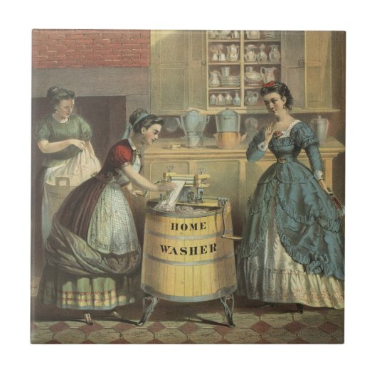 家庭用洗濯機と絞り器のヴィンテージ広告。 タイル (正面)
