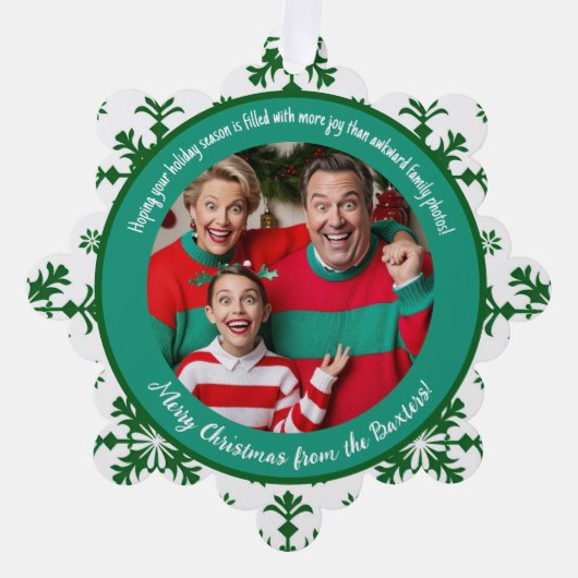 家族おもしろいの写真とJoy & Green Pattern オーナメントカード (正面)