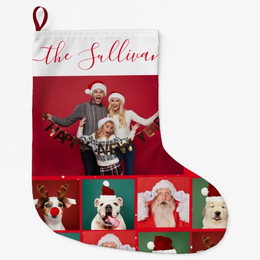 家族おもしろい写真コラージュネーム赤クリスマス ラージクリスマスストッキング (正面)