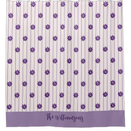 家族かわいらし名赤面と紫ストライプの花 シャワーカーテン