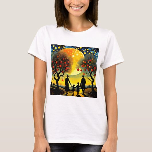 家族が夜空を見つめている Tシャツ (正面)