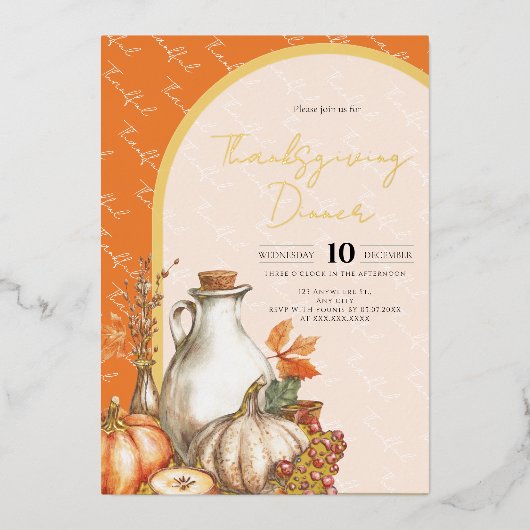 家族が感謝祭のディナーを集める 箔招待状 (正面)