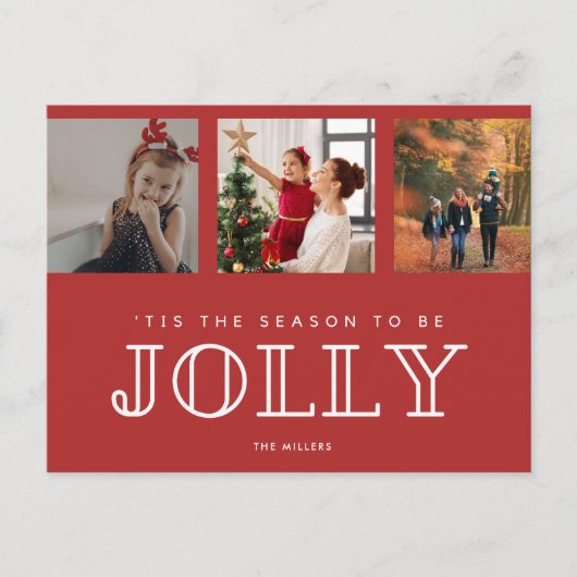 家族すてき3枚の写真クリスマスレッド シーズンポストカード (正面)
