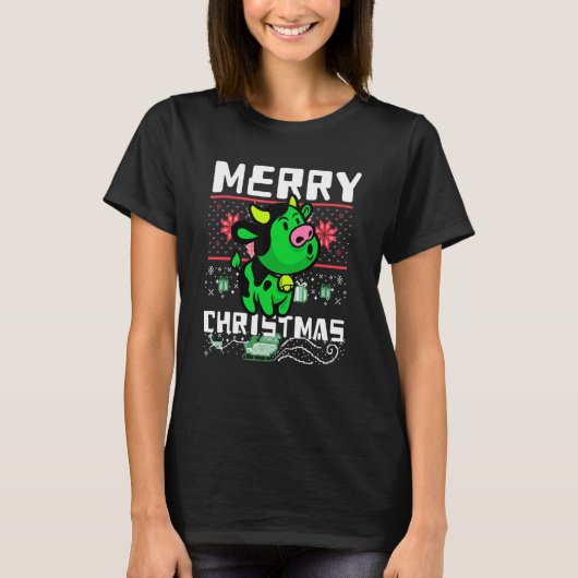 家族でお揃いのアグリークリスマスグッズ用 子牛グラフィック Tシャツ (正面)