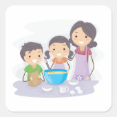 家族で一緒にパン作り ママと子供たちの料理 スクエアシール (正面)