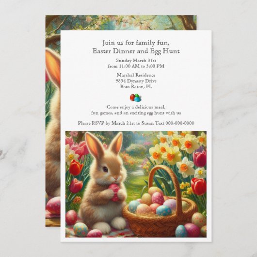 家族で楽しむイースターの食事と卵の宝探しへの招待 招待状 (正面/裏面)