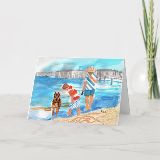 家族とドイツ牧羊犬 水彩画 ビーチにて サンキューカード (正面)