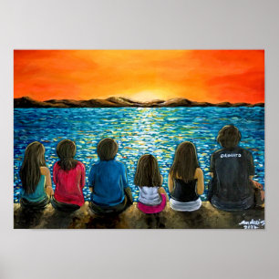 家族とビーチの絵画夕日のポスター ポスター