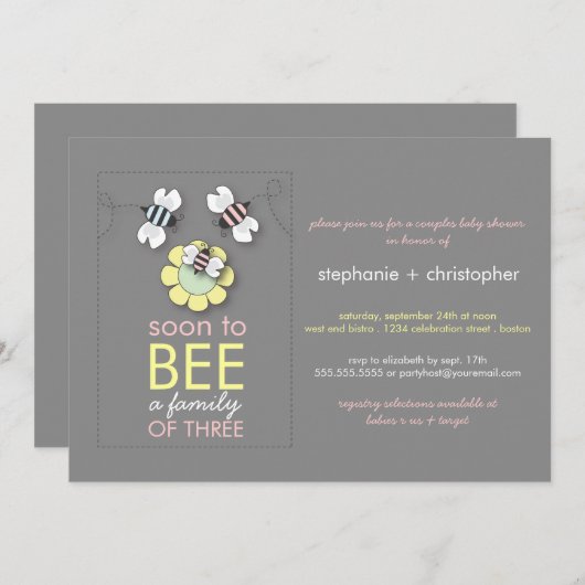 家族とビーモダンツのカップル女の子のための赤ちゃんシャワー 招待状 (正面/裏面)