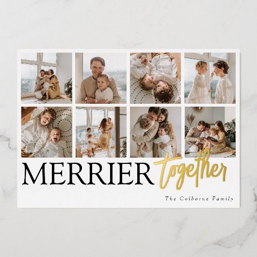 家族と一緒にメリー写真コラージュのクリスマス 箔シーズンカード (正面)