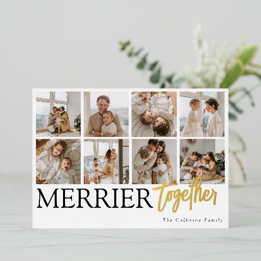 家族と一緒にメリー写真コラージュのクリスマス 箔シーズンカード (立ち正面)