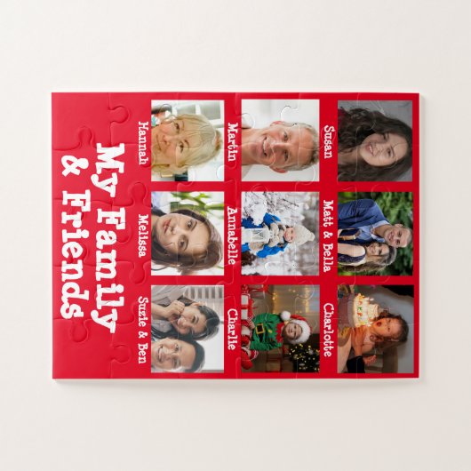 家族と友人の名前と写真の赤い認知症メモリ ジグソーパズル (横)