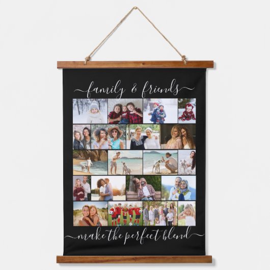 家族と友人20写真石積みグリッドブラック 吊り下げ型タペストリー (正面)