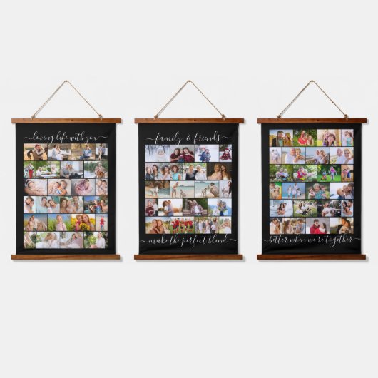 家族と友人68写真石積みグリッドブラック 吊り下げ型タペストリー (トリプル)