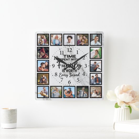 家族と過ごす時間は毎秒の価値がある スクエア壁時計 (ホーム)