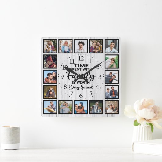 家族と過ごす時間は、白い木素朴の価値がある スクエア壁時計 (ホーム)