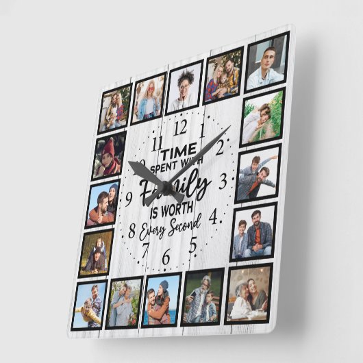 家族と過ごす時間は、白い木素朴の価値がある スクエア壁時計 (傾斜)