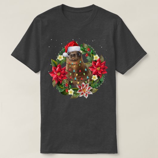 家族に合うクリスマスライト付きアシカ Tシャツ (デザイン正面)
