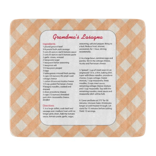 家族のお気に入りのなレシピのレトロ-ラザニア カッティングボード (正面)