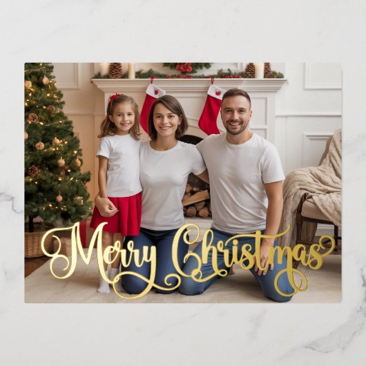 家族のお祝い写真箔押し ホリデー クリスマスカード (正面)