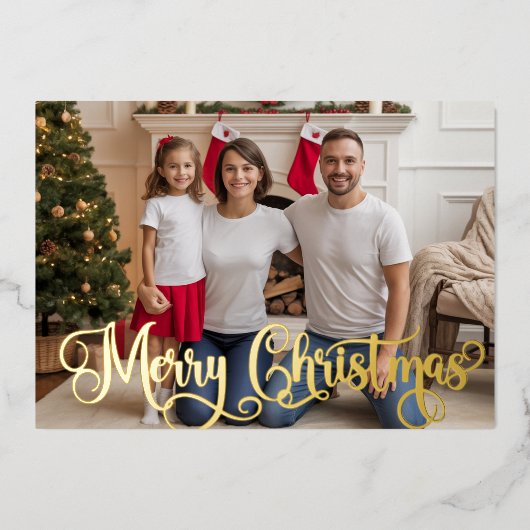家族のお祝い写真箔押し ホリデー クリスマスカード (正面)
