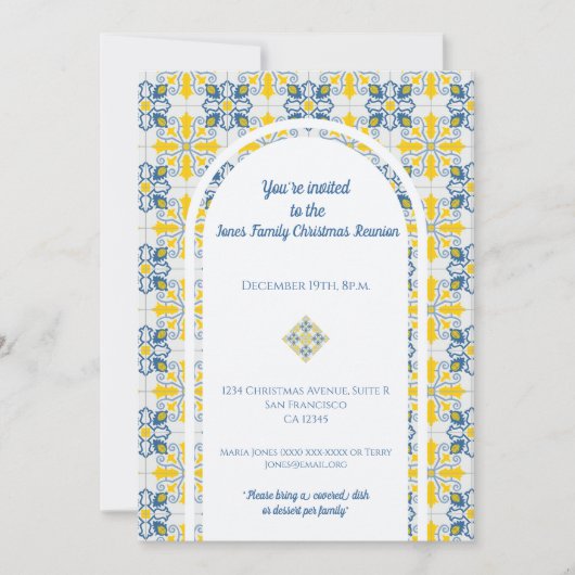 家族のためのポルトガルのタイルのクリスマス懇親会 招待状 (正面)