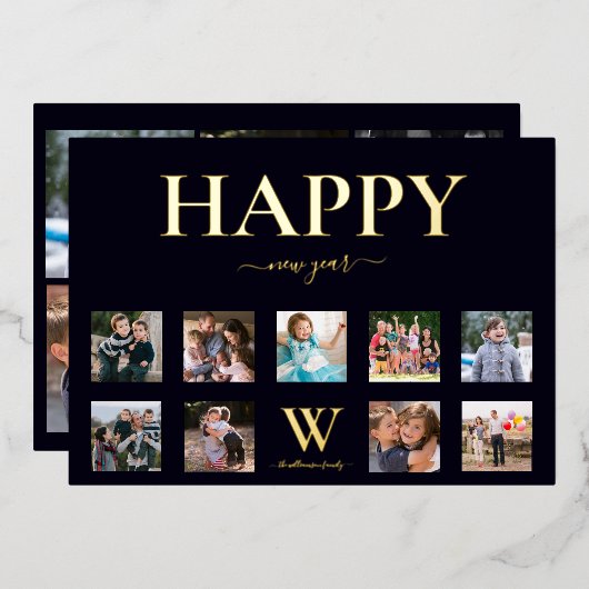 家族のイニシャル 名前 フォト コラージュ ハッピー ニュー 箔シーズンカード (正面/裏面)
