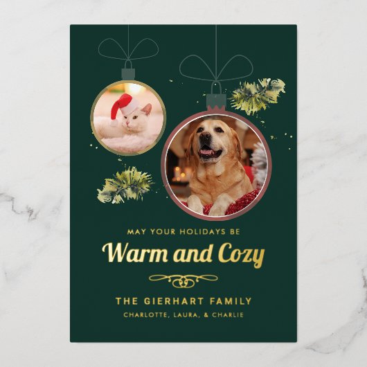 家族のエレガントペットの写真クリスマス金ゴールド 箔シーズンカード (正面)