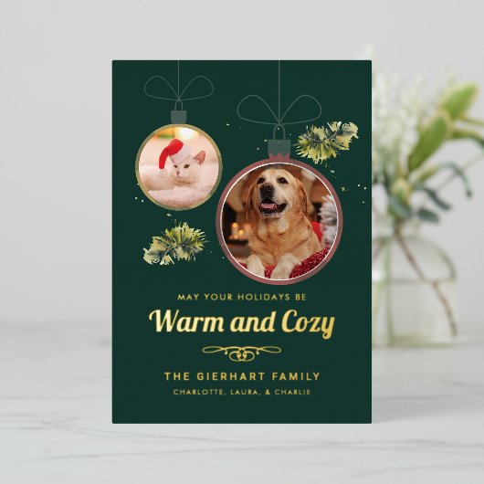 家族のエレガントペットの写真クリスマス金ゴールド 箔シーズンカード (立ち正面)