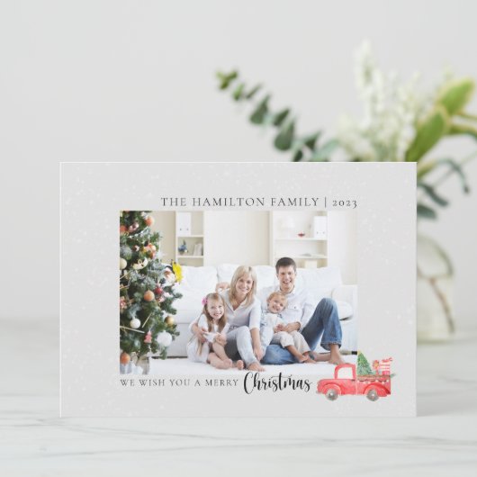 家族のエレガント写真の水の色のクリスマストラック シーズンカード (スタンド正面)