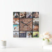 家族のカスタム写真コラージュは木材をパーソナライズ スクエア壁時計 (ホーム)