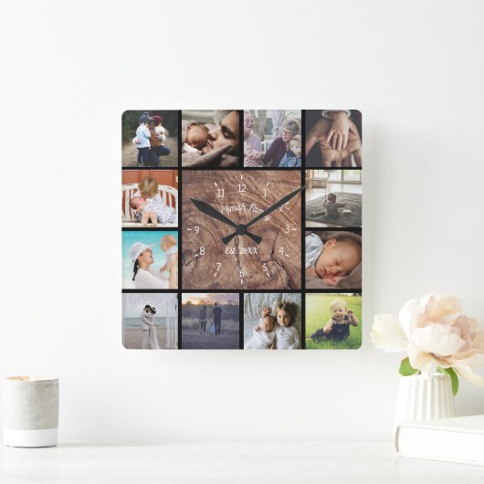 家族のカスタム写真コラージュは木材をパーソナライズ スクエア壁時計 (ホーム)