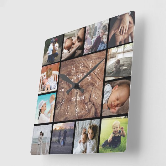 家族のカスタム写真コラージュは木材をパーソナライズ スクエア壁時計 (傾斜)