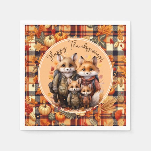 家族のキツネハッピー感謝祭カボチャのプレイド スタンダードカクテルナプキン (正面)