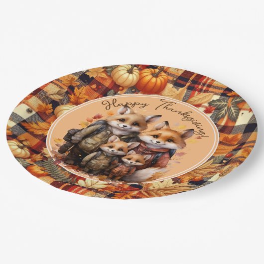 家族のキツネハッピー感謝祭カボチャのプレイド ペーパープレート (アングル)