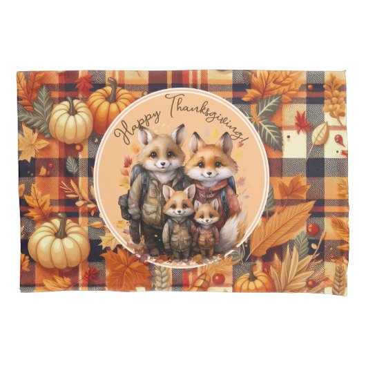 家族のキツネハッピー感謝祭カボチャのプレイド 枕カバー (正面)