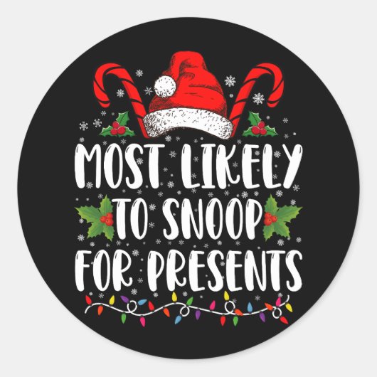 家族のクリスマスに雪が降りそうなプレゼント ラウンドシール (正面)