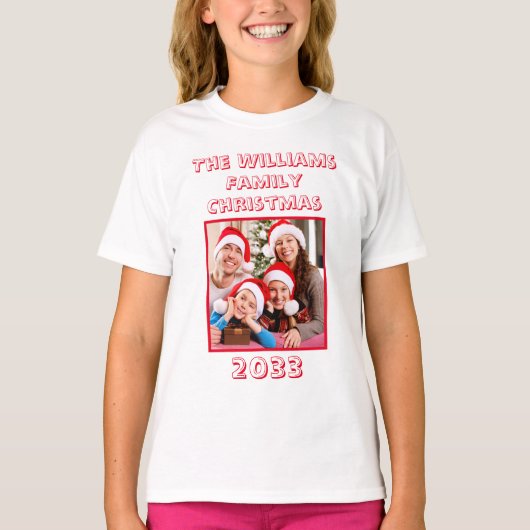 家族のクリスマスの名前とフォトドーターホワイト Tシャツ (正面)
