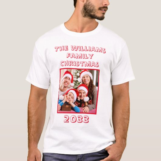 家族のクリスマスの名前と写真のパパホワイト Tシャツ (正面)