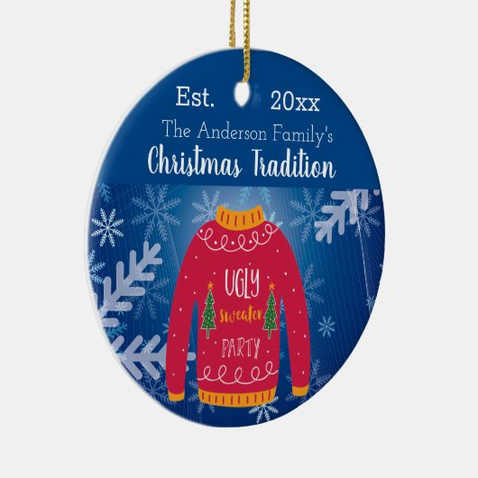 家族のクリスマスの醜いセーター赤い青のモノグラム セラミックオーナメント (右)