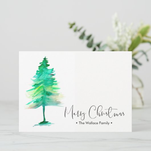 家族のクリスマスウォーターカラーパーソナライズされたのピンツリー シーズンカード (スタンド正面)